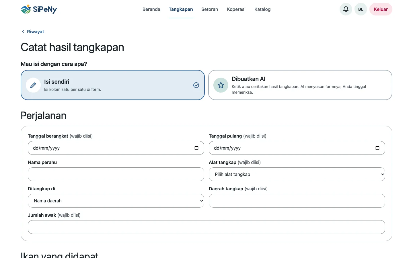 Formulir catat hasil tangkapan di SiPeNy: tanggal, jenis ikan, berat, dan tujuan penjualan.